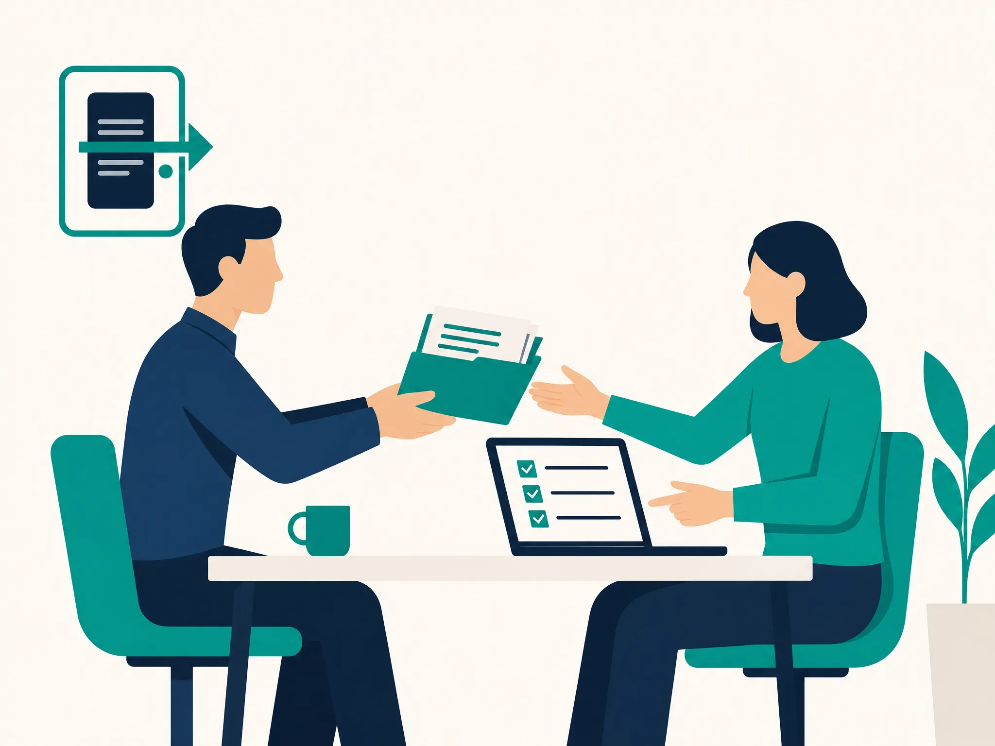 Illustration of a departing employee handing a folder of documents to their successor, with a completed checklist on the laptop