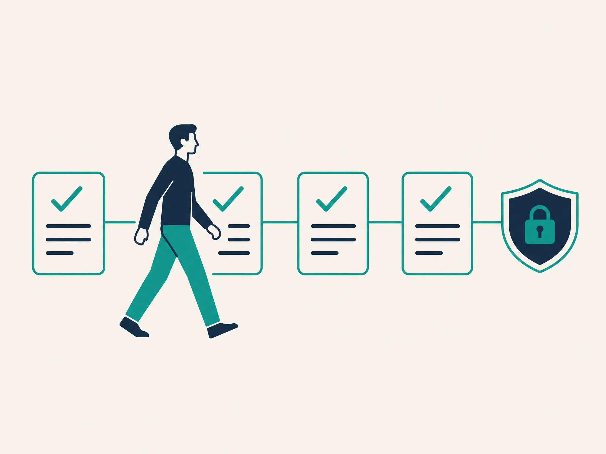 A person walking through a sequence of completed checklist cards towards a secure shield